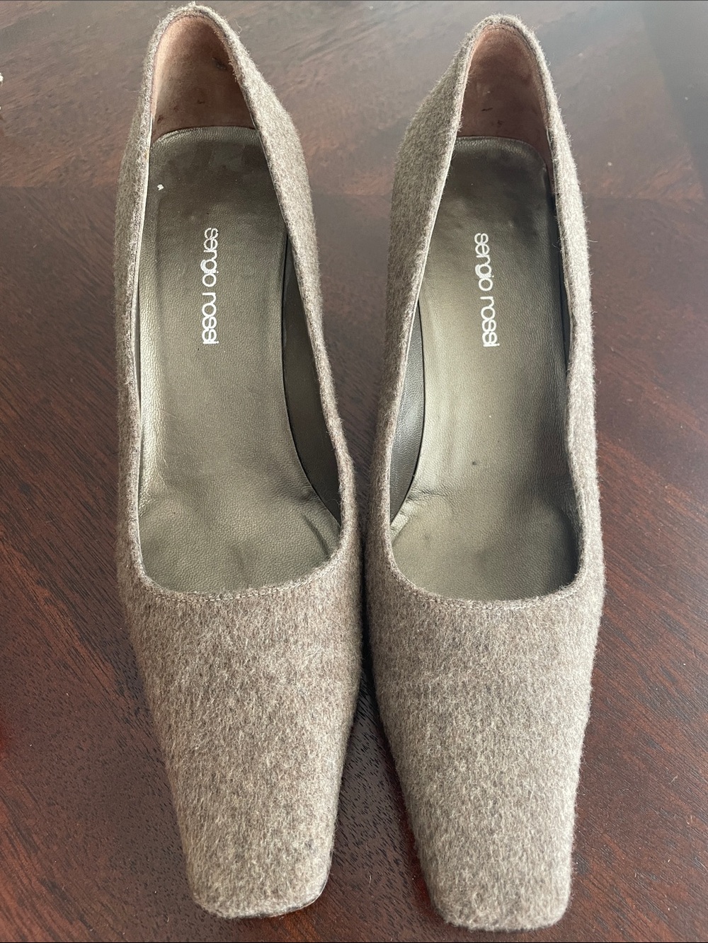 Sergio Rossi Taupe Wool Square-Toe Pumps